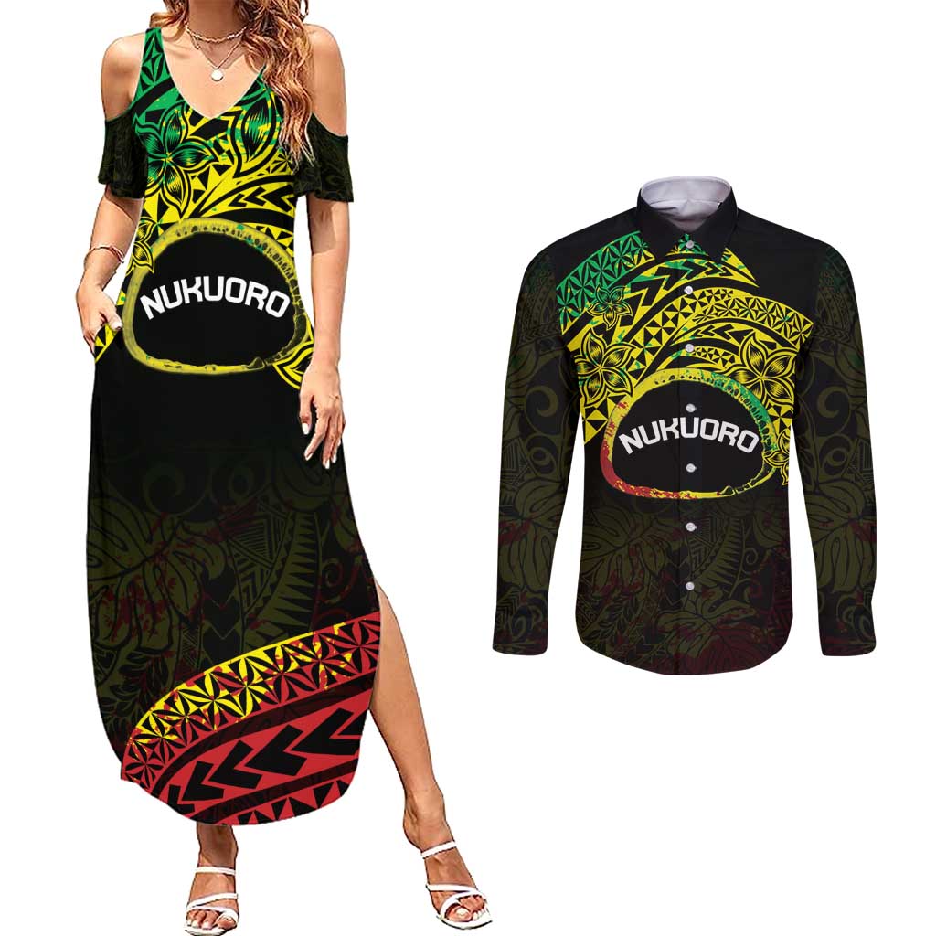 Personalised Nukuoro Atoll Couples Matching Summer Maxi Dress and Long Sleeve Button Shirt Polynesian Tattoo Curves Reggae Version