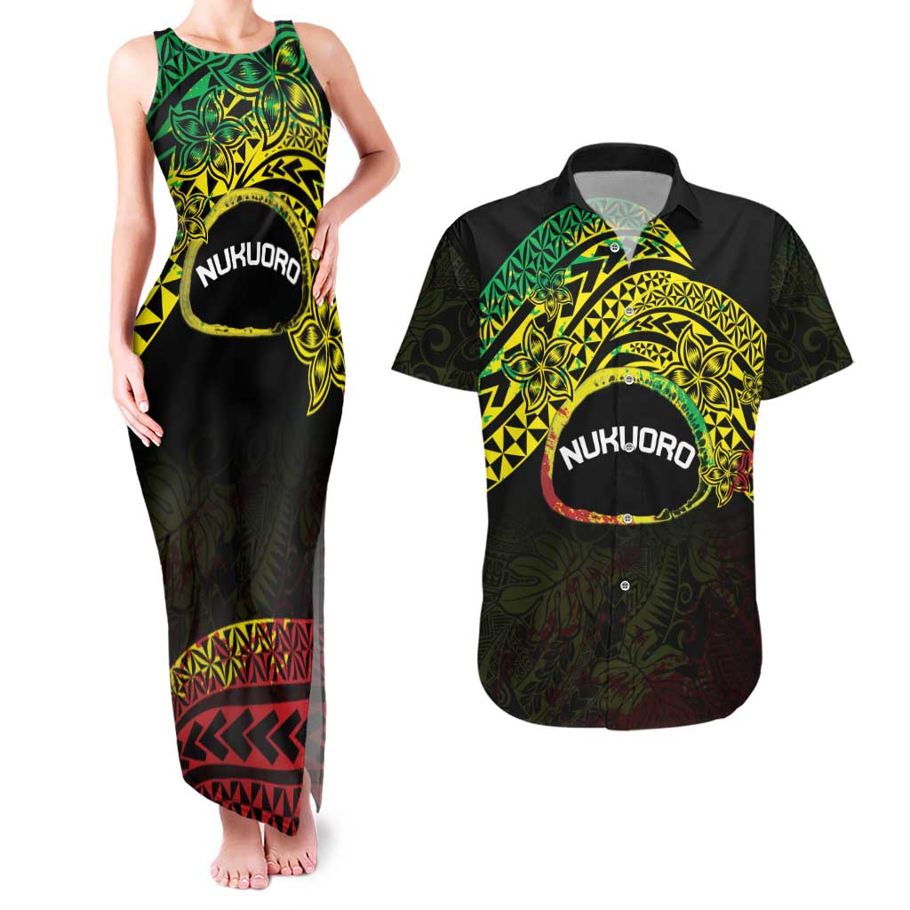 Personalised Nukuoro Atoll Couples Matching Tank Maxi Dress and Hawaiian Shirt Polynesian Tattoo Curves Reggae Version