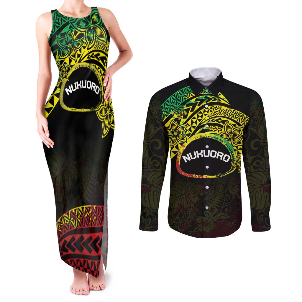 Personalised Nukuoro Atoll Couples Matching Tank Maxi Dress and Long Sleeve Button Shirt Polynesian Tattoo Curves Reggae Version