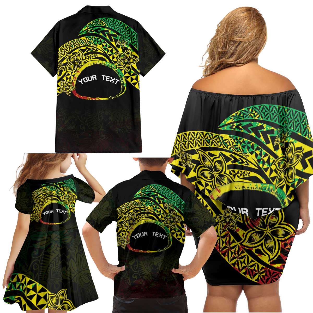 Personalised Nukuoro Atoll Family Matching Off Shoulder Short Dress and Hawaiian Shirt Polynesian Tattoo Curves Reggae Version
