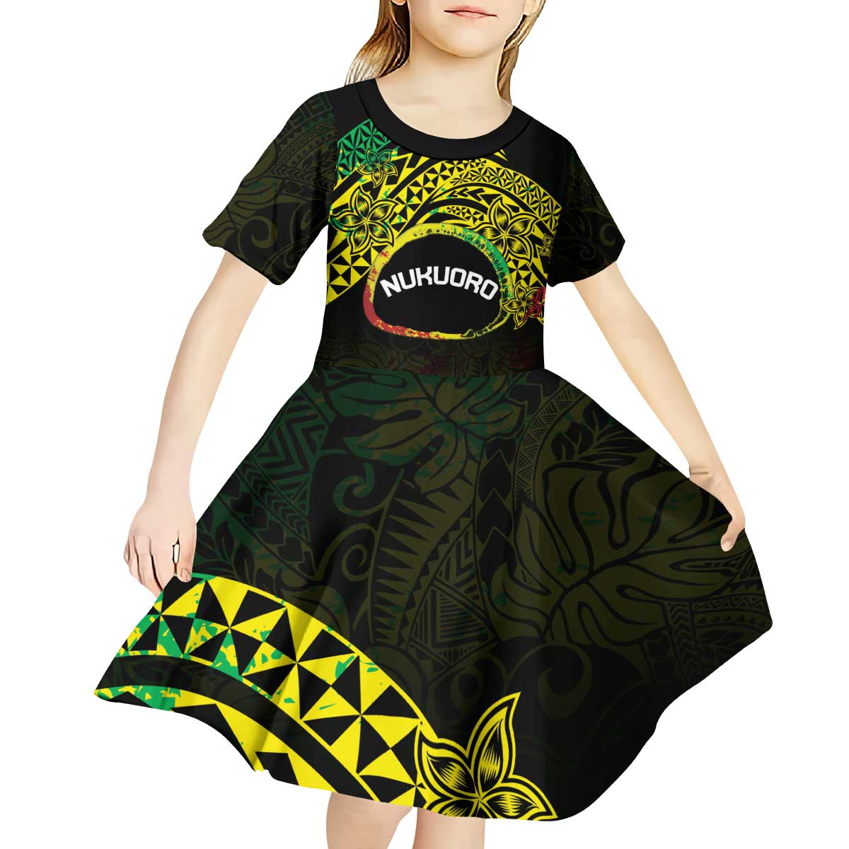 Personalised Nukuoro Atoll Kid Short Sleeve Dress Polynesian Tattoo Curves Reggae Version