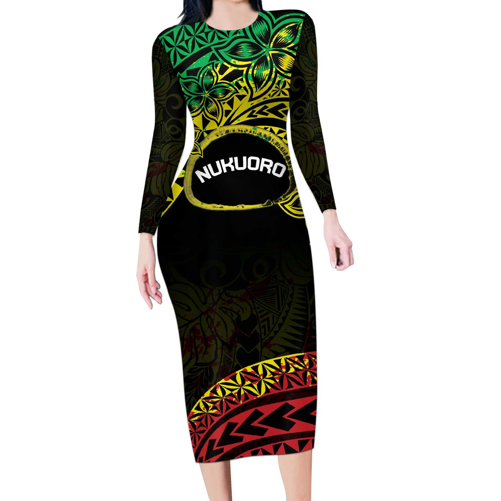 Personalised Nukuoro Atoll Long Sleeve Bodycon Dress Polynesian Tattoo Curves Reggae Version LT14 Long Dress Reggae - Polynesian Pride