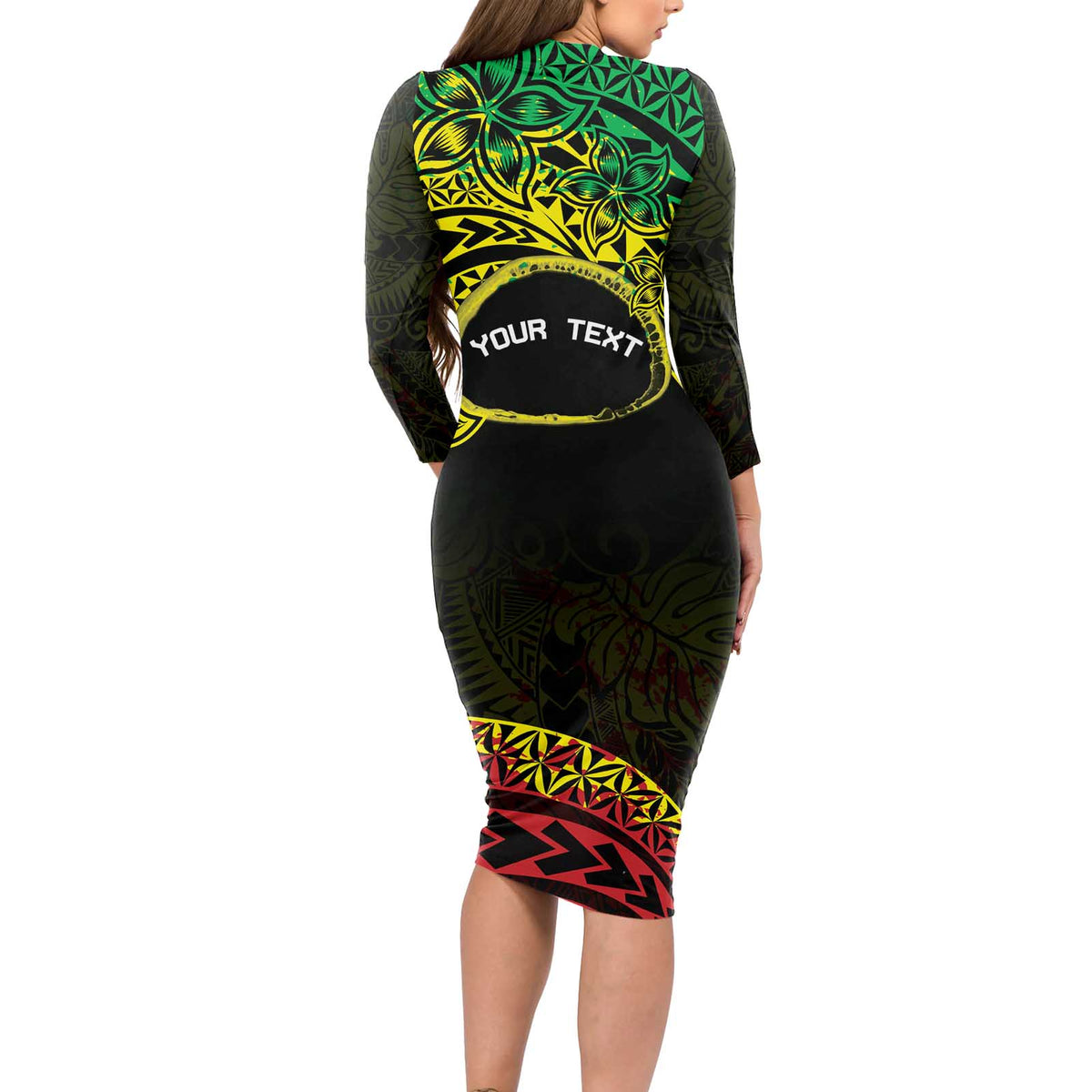 Personalised Nukuoro Atoll Long Sleeve Bodycon Dress Polynesian Tattoo Curves Reggae Version