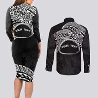 Personalised Pohnpei Nukuoro Micronesia Couples Matching Long Sleeve Bodycon Dress and Long Sleeve Button Shirt Polynesian Tattoo Curves Black Version