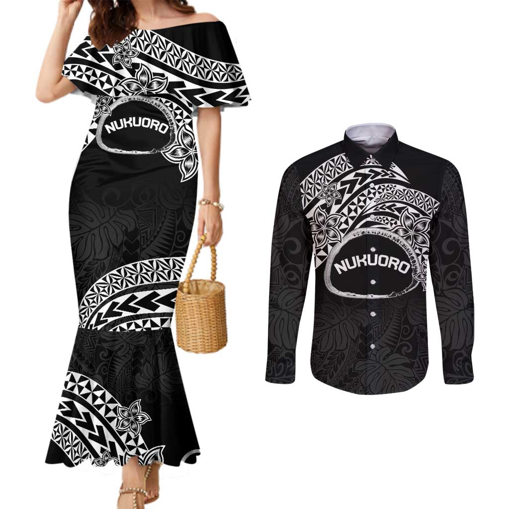 Personalised Pohnpei Nukuoro Micronesia Couples Matching Mermaid Dress and Long Sleeve Button Shirt Polynesian Tattoo Curves Black Version LT14 Black - Polynesian Pride