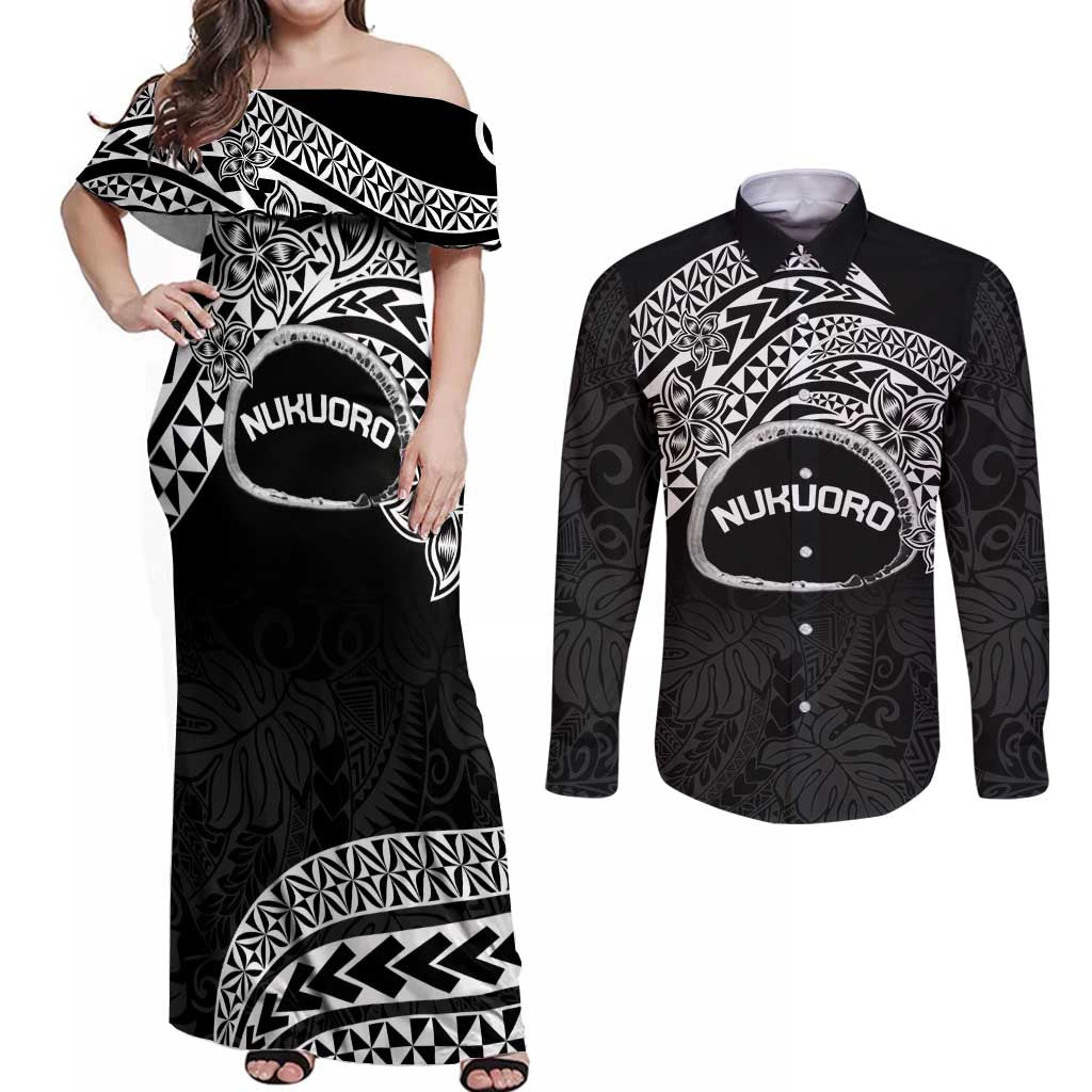 Personalised Pohnpei Nukuoro Micronesia Couples Matching Off Shoulder Maxi Dress and Long Sleeve Button Shirt Polynesian Tattoo Curves Black Version LT14 Black - Polynesian Pride