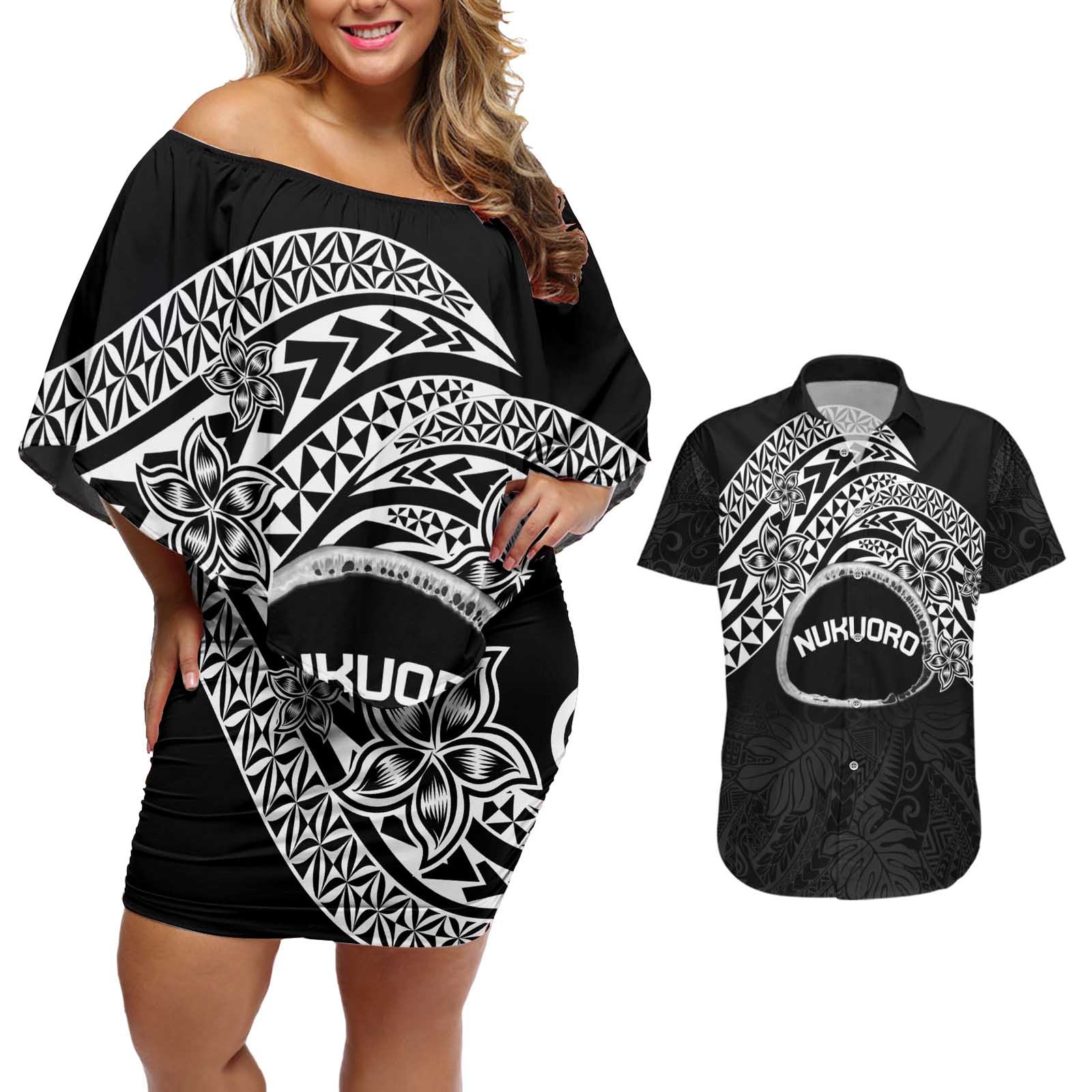 Personalised Pohnpei Nukuoro Micronesia Couples Matching Off Shoulder Short Dress and Hawaiian Shirt Polynesian Tattoo Curves Black Version LT14 Black - Polynesian Pride