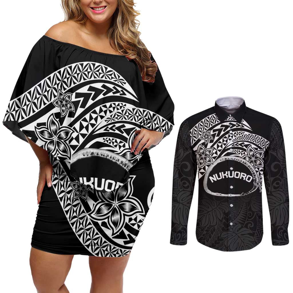 Personalised Pohnpei Nukuoro Micronesia Couples Matching Off Shoulder Short Dress and Long Sleeve Button Shirt Polynesian Tattoo Curves Black Version LT14 Black - Polynesian Pride