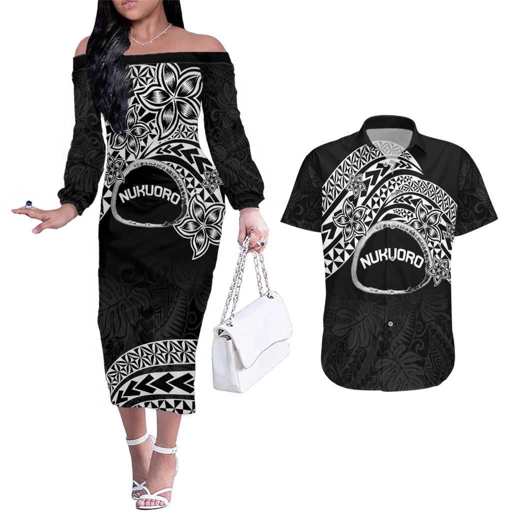 Personalised Pohnpei Nukuoro Micronesia Couples Matching Off The Shoulder Long Sleeve Dress and Hawaiian Shirt Polynesian Tattoo Curves Black Version LT14 Black - Polynesian Pride