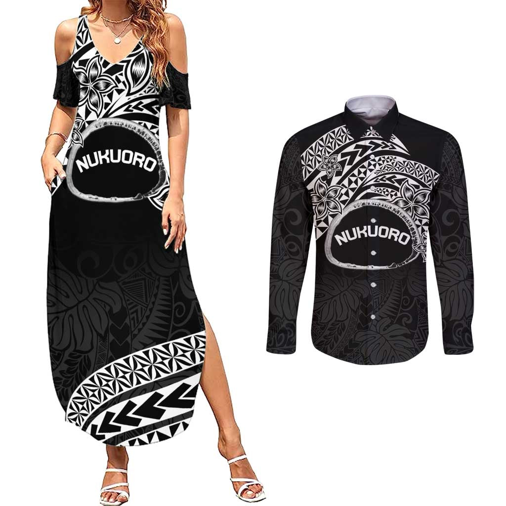 Personalised Pohnpei Nukuoro Micronesia Couples Matching Summer Maxi Dress and Long Sleeve Button Shirt Polynesian Tattoo Curves Black Version LT14 Black - Polynesian Pride
