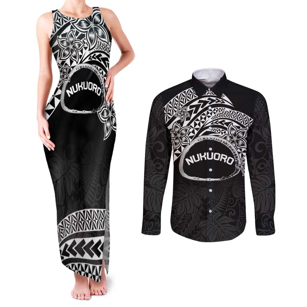 Personalised Pohnpei Nukuoro Micronesia Couples Matching Tank Maxi Dress and Long Sleeve Button Shirt Polynesian Tattoo Curves Black Version LT14 Black - Polynesian Pride