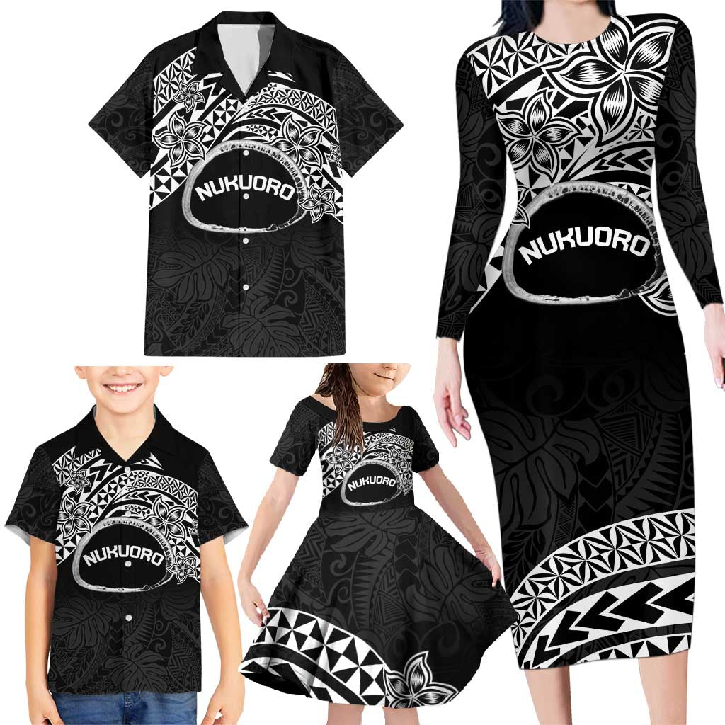 Personalised Pohnpei Nukuoro Micronesia Family Matching Long Sleeve Bodycon Dress and Hawaiian Shirt Polynesian Tattoo Curves Black Version LT14 - Polynesian Pride