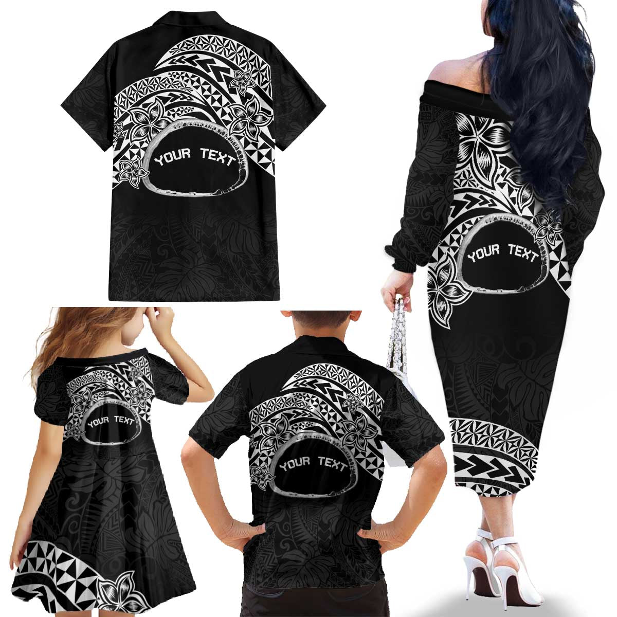 Personalised Pohnpei Nukuoro Micronesia Family Matching Off The Shoulder Long Sleeve Dress and Hawaiian Shirt Polynesian Tattoo Curves Black Version