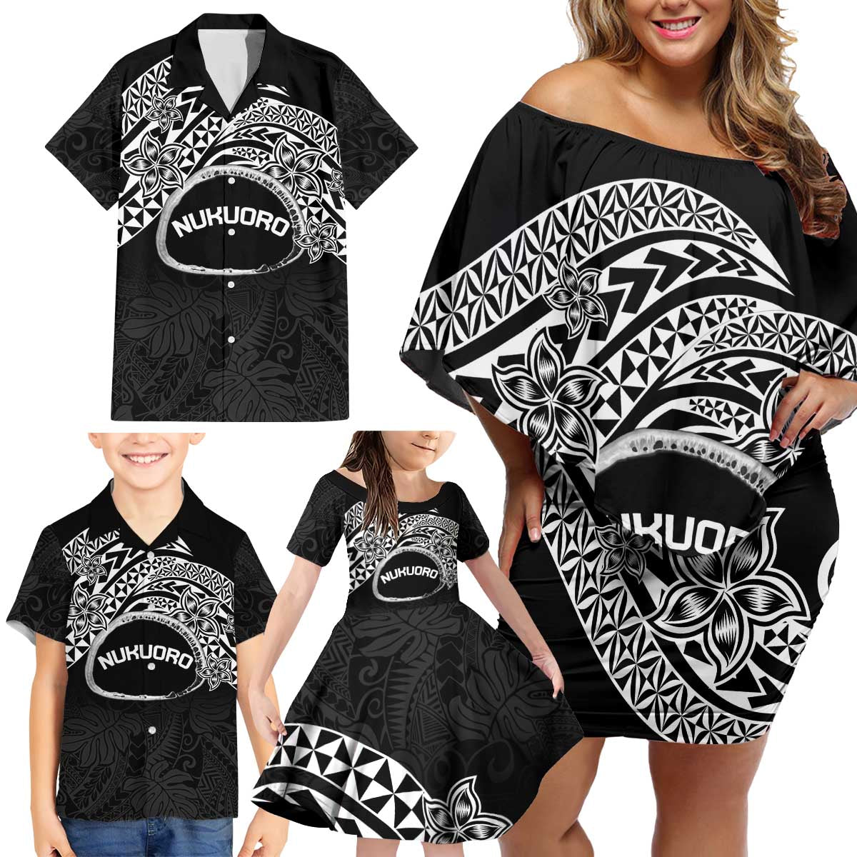 Personalised Pohnpei Nukuoro Micronesia Family Matching Off Shoulder Short Dress and Hawaiian Shirt Polynesian Tattoo Curves Black Version LT14 - Polynesian Pride
