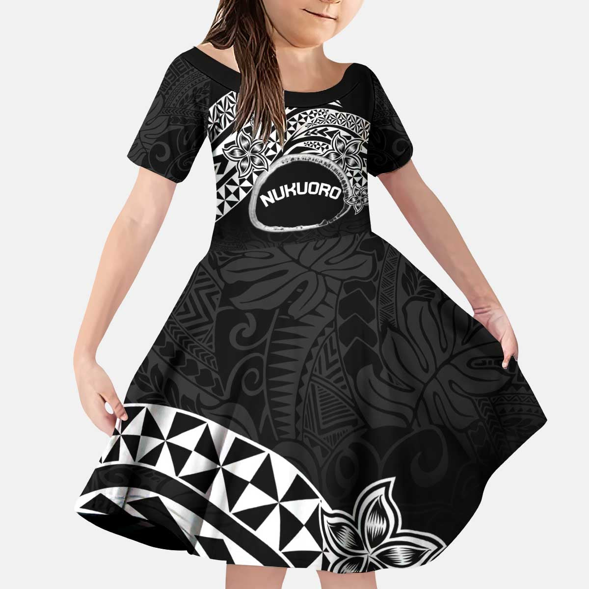 Personalised Pohnpei Nukuoro Micronesia Family Matching Puletasi and Hawaiian Shirt Polynesian Tattoo Curves Black Version