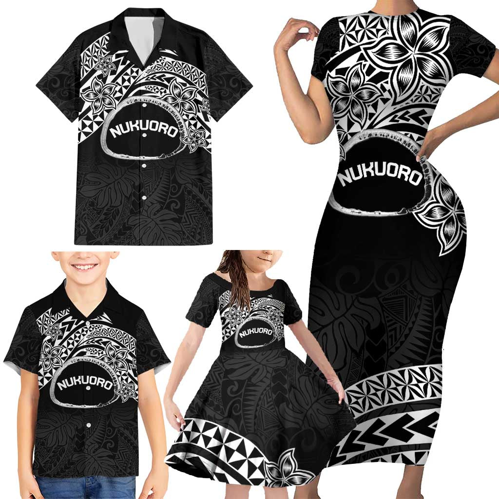 Personalised Pohnpei Nukuoro Micronesia Family Matching Short Sleeve Bodycon Dress and Hawaiian Shirt Polynesian Tattoo Curves Black Version LT14 - Polynesian Pride