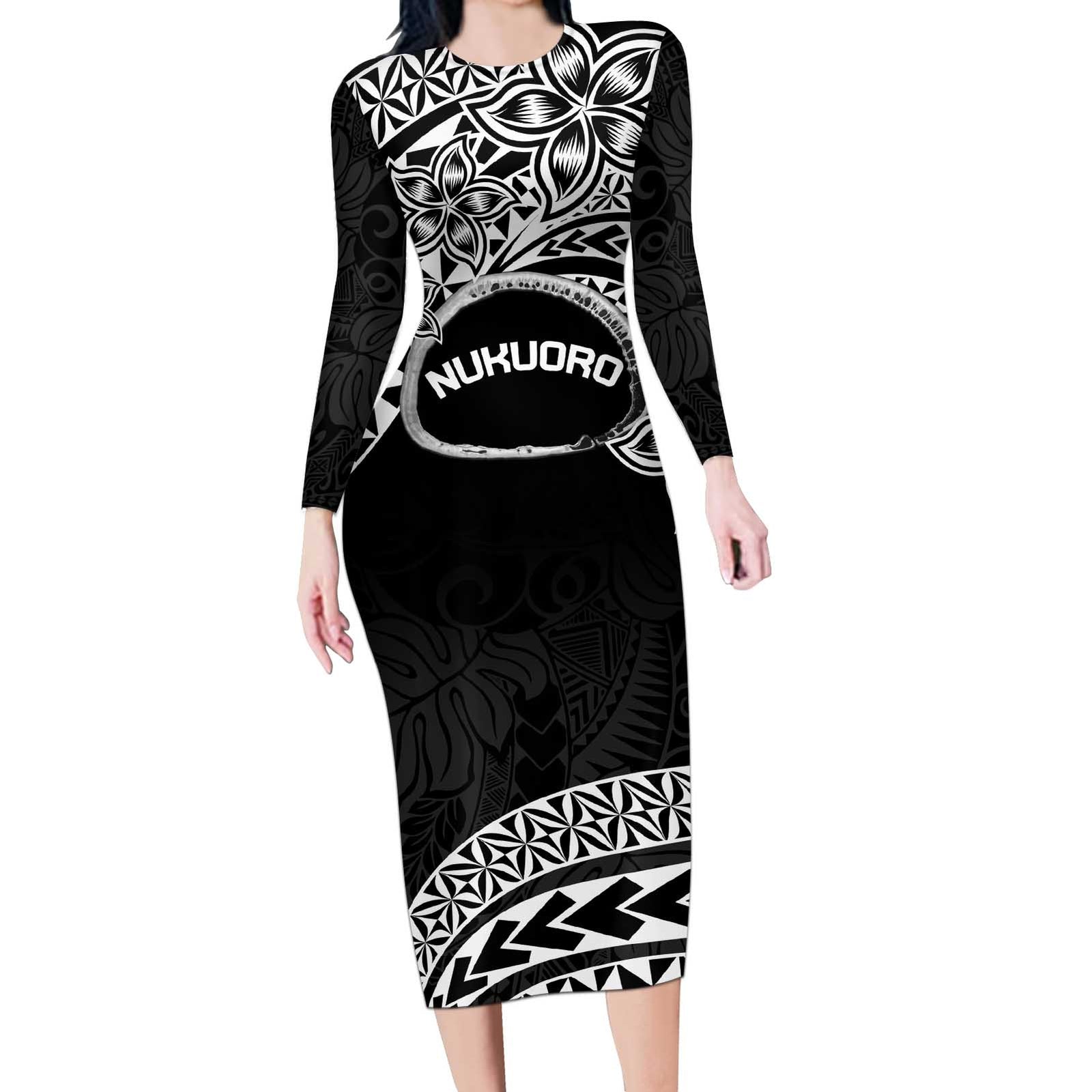 Personalised Pohnpei Nukuoro Micronesia Long Sleeve Bodycon Dress Polynesian Tattoo Curves Black Version LT14 Long Dress Black - Polynesian Pride
