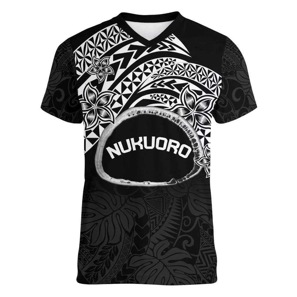 Personalised Pohnpei Nukuoro Micronesia Women V-Neck T-Shirt Polynesian Tattoo Curves Black Version LT14 Female Black - Polynesian Pride