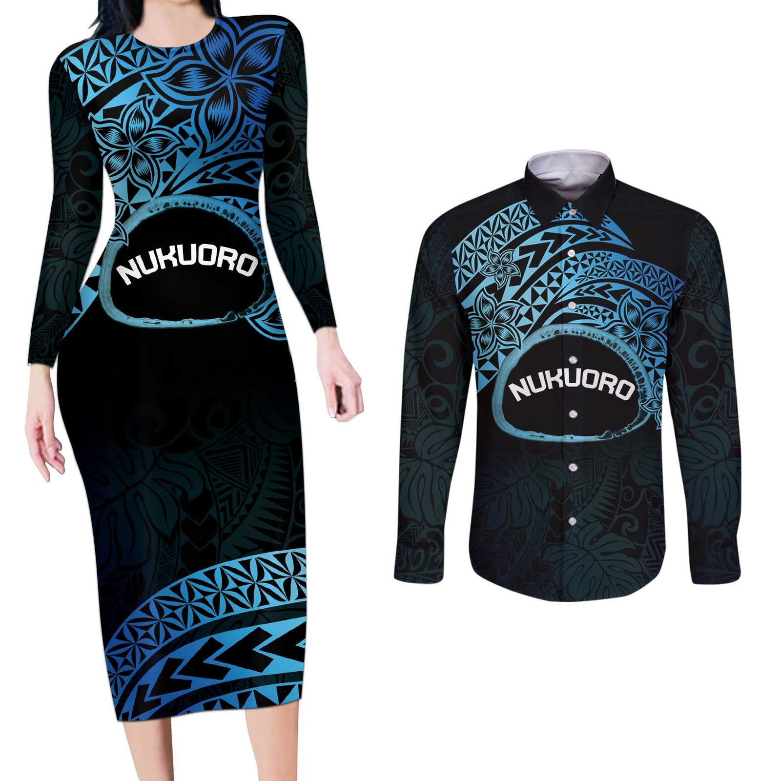 Personalised Pohnpei Nukuoro Micronesia Couples Matching Long Sleeve Bodycon Dress and Long Sleeve Button Shirt Polynesian Tattoo Curves Blue Version LT14 Blue - Polynesian Pride