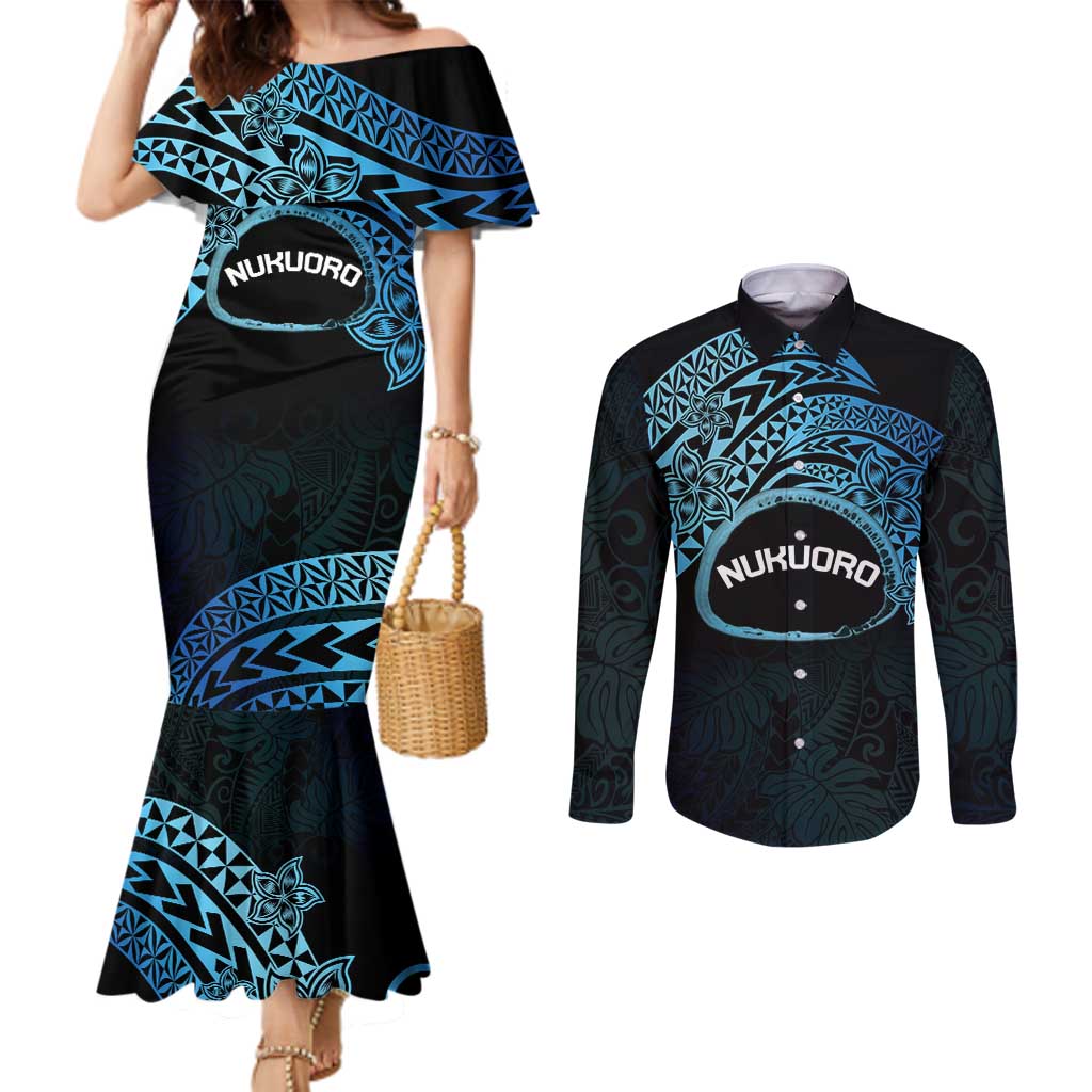 Personalised Pohnpei Nukuoro Micronesia Couples Matching Mermaid Dress and Long Sleeve Button Shirt Polynesian Tattoo Curves Blue Version LT14 Blue - Polynesian Pride