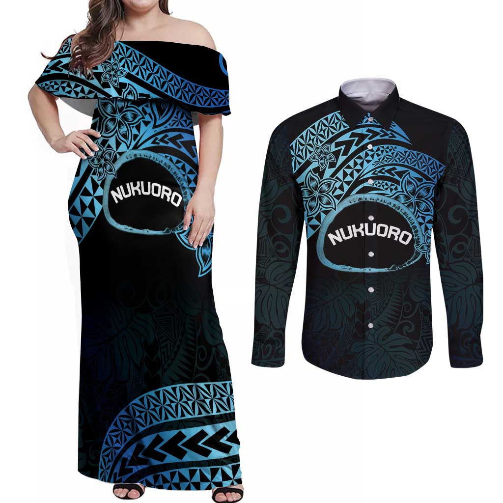 Personalised Pohnpei Nukuoro Micronesia Couples Matching Off Shoulder Maxi Dress and Long Sleeve Button Shirt Polynesian Tattoo Curves Blue Version LT14 Blue - Polynesian Pride