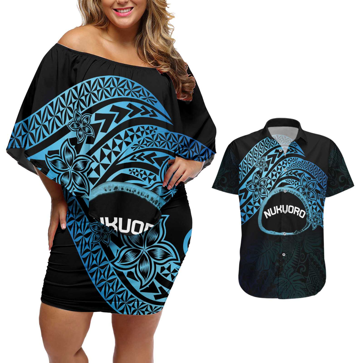 Personalised Pohnpei Nukuoro Micronesia Couples Matching Off Shoulder Short Dress and Hawaiian Shirt Polynesian Tattoo Curves Blue Version LT14 Blue - Polynesian Pride