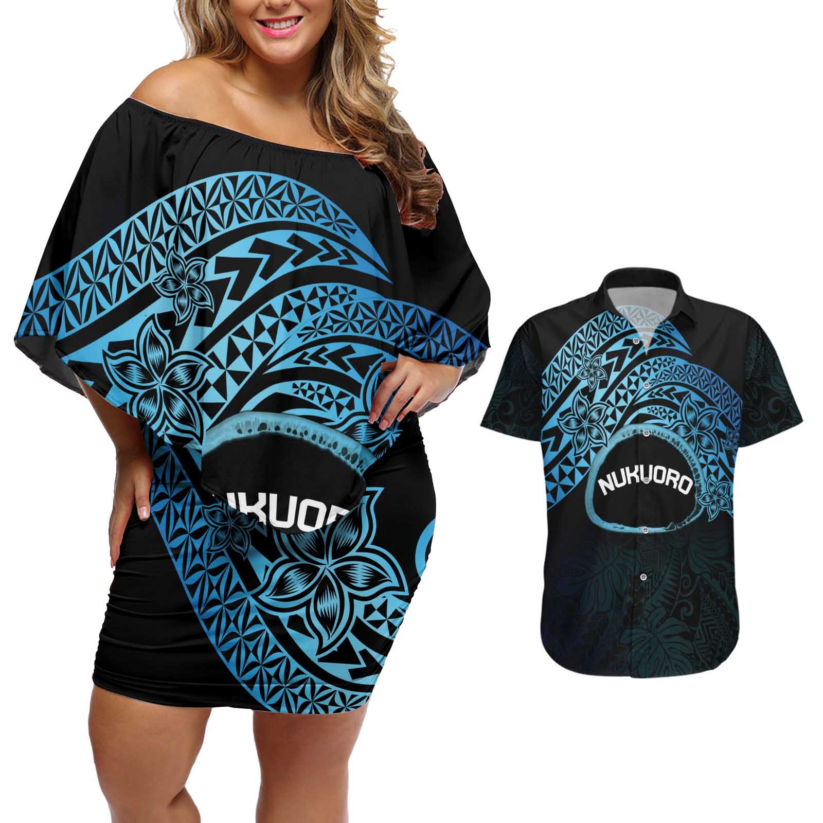 Personalised Pohnpei Nukuoro Micronesia Couples Matching Off Shoulder Short Dress and Hawaiian Shirt Polynesian Tattoo Curves Blue Version LT14 Blue - Polynesian Pride