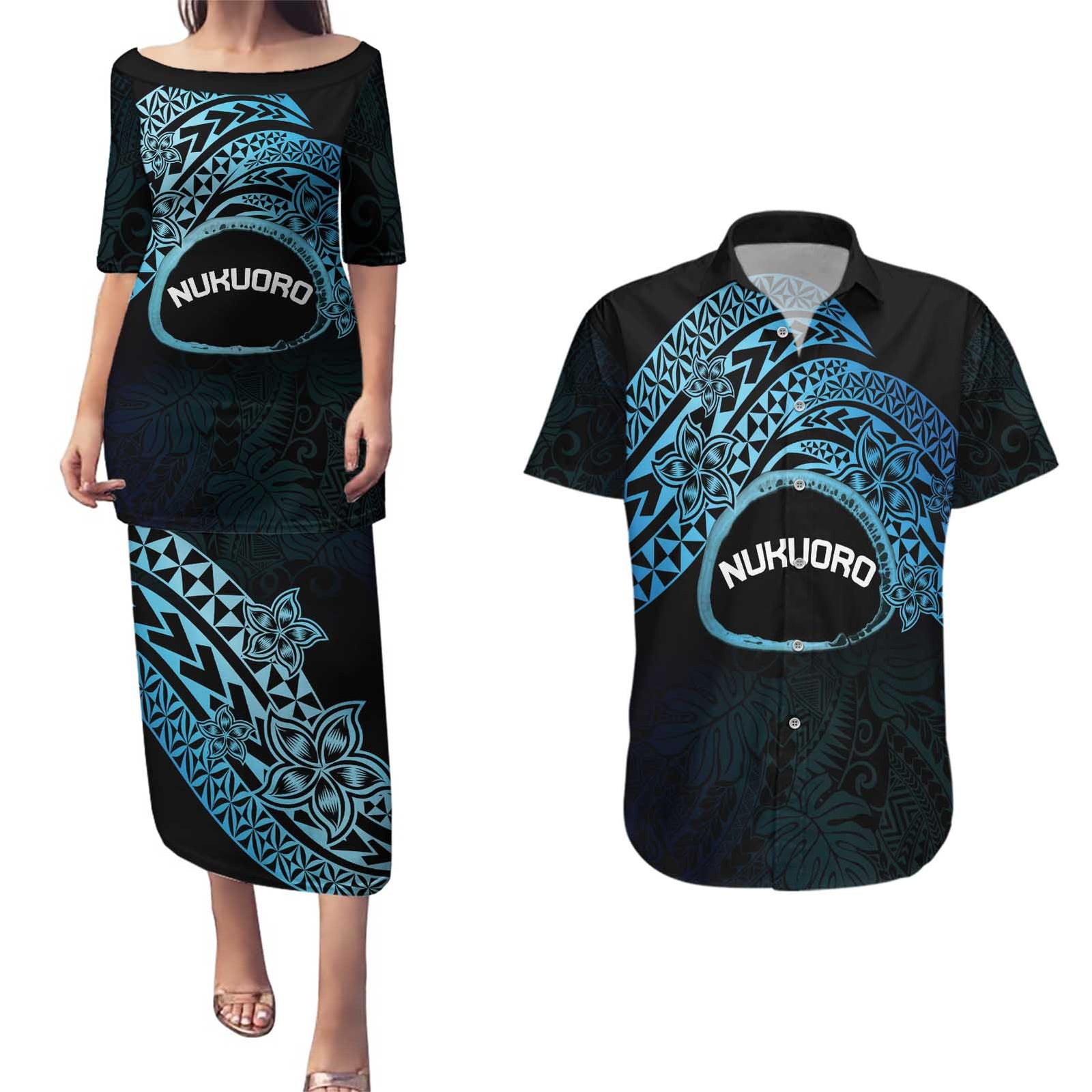 Personalised Pohnpei Nukuoro Micronesia Couples Matching Puletasi and Hawaiian Shirt Polynesian Tattoo Curves Blue Version LT14 Blue - Polynesian Pride