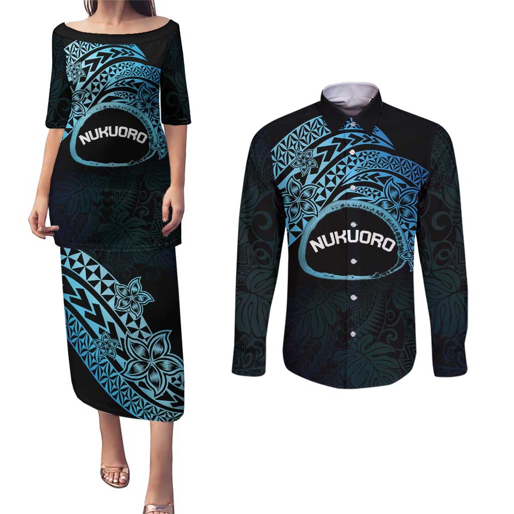 Personalised Pohnpei Nukuoro Micronesia Couples Matching Puletasi and Long Sleeve Button Shirt Polynesian Tattoo Curves Blue Version LT14 Blue - Polynesian Pride