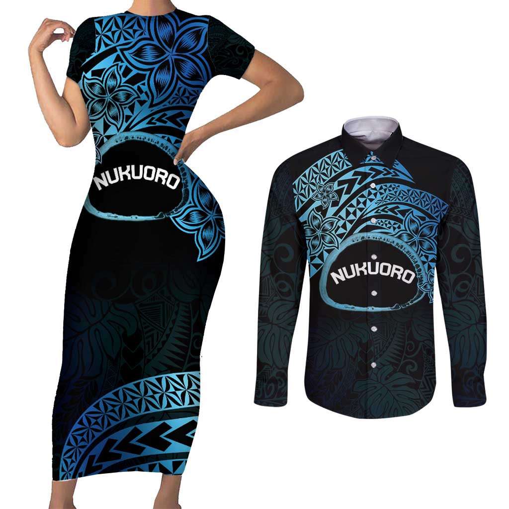 Personalised Pohnpei Nukuoro Micronesia Couples Matching Short Sleeve Bodycon Dress and Long Sleeve Button Shirt Polynesian Tattoo Curves Blue Version LT14 Blue - Polynesian Pride