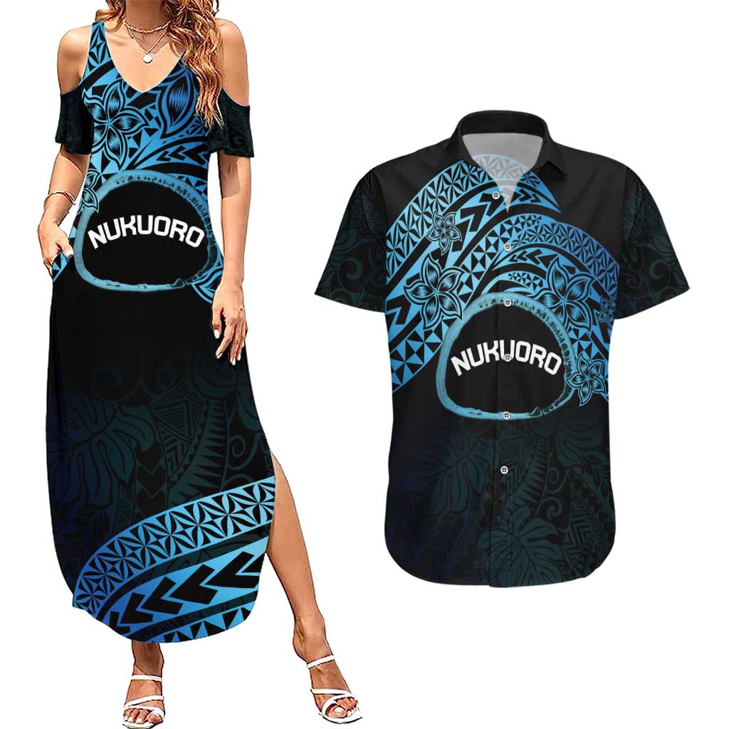 Personalised Pohnpei Nukuoro Micronesia Couples Matching Summer Maxi Dress and Hawaiian Shirt Polynesian Tattoo Curves Blue Version LT14 Blue - Polynesian Pride