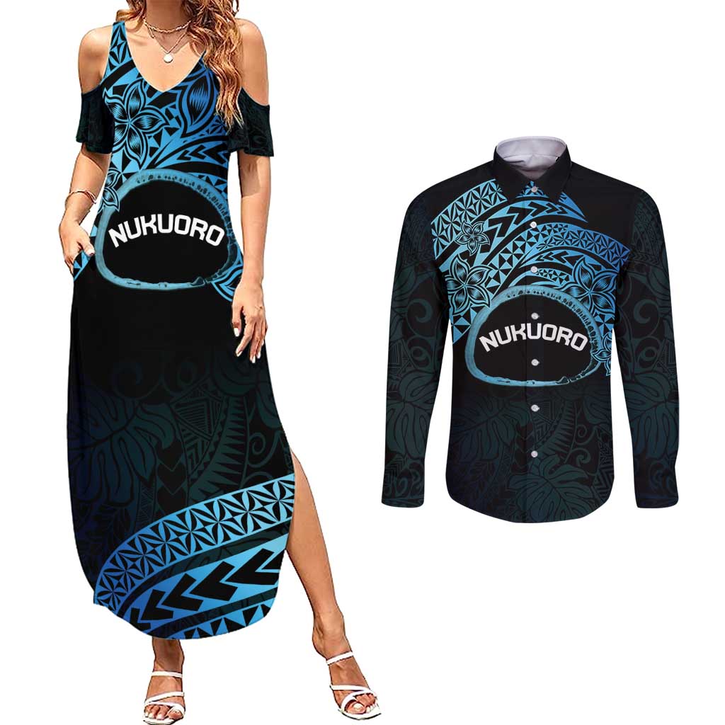 Personalised Pohnpei Nukuoro Micronesia Couples Matching Summer Maxi Dress and Long Sleeve Button Shirt Polynesian Tattoo Curves Blue Version LT14 Blue - Polynesian Pride