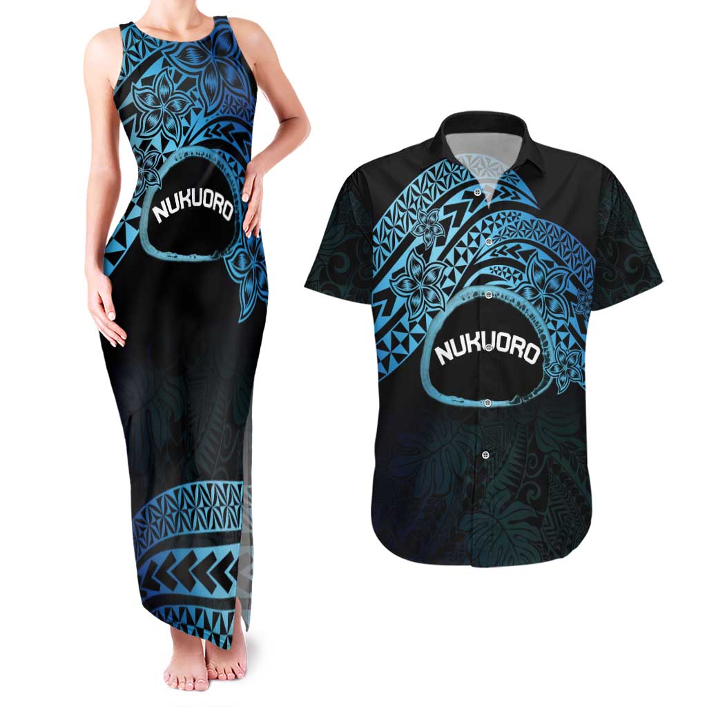 Personalised Pohnpei Nukuoro Micronesia Couples Matching Tank Maxi Dress and Hawaiian Shirt Polynesian Tattoo Curves Blue Version LT14 Blue - Polynesian Pride