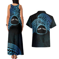 Personalised Pohnpei Nukuoro Micronesia Couples Matching Tank Maxi Dress and Hawaiian Shirt Polynesian Tattoo Curves Blue Version LT14 - Polynesian Pride