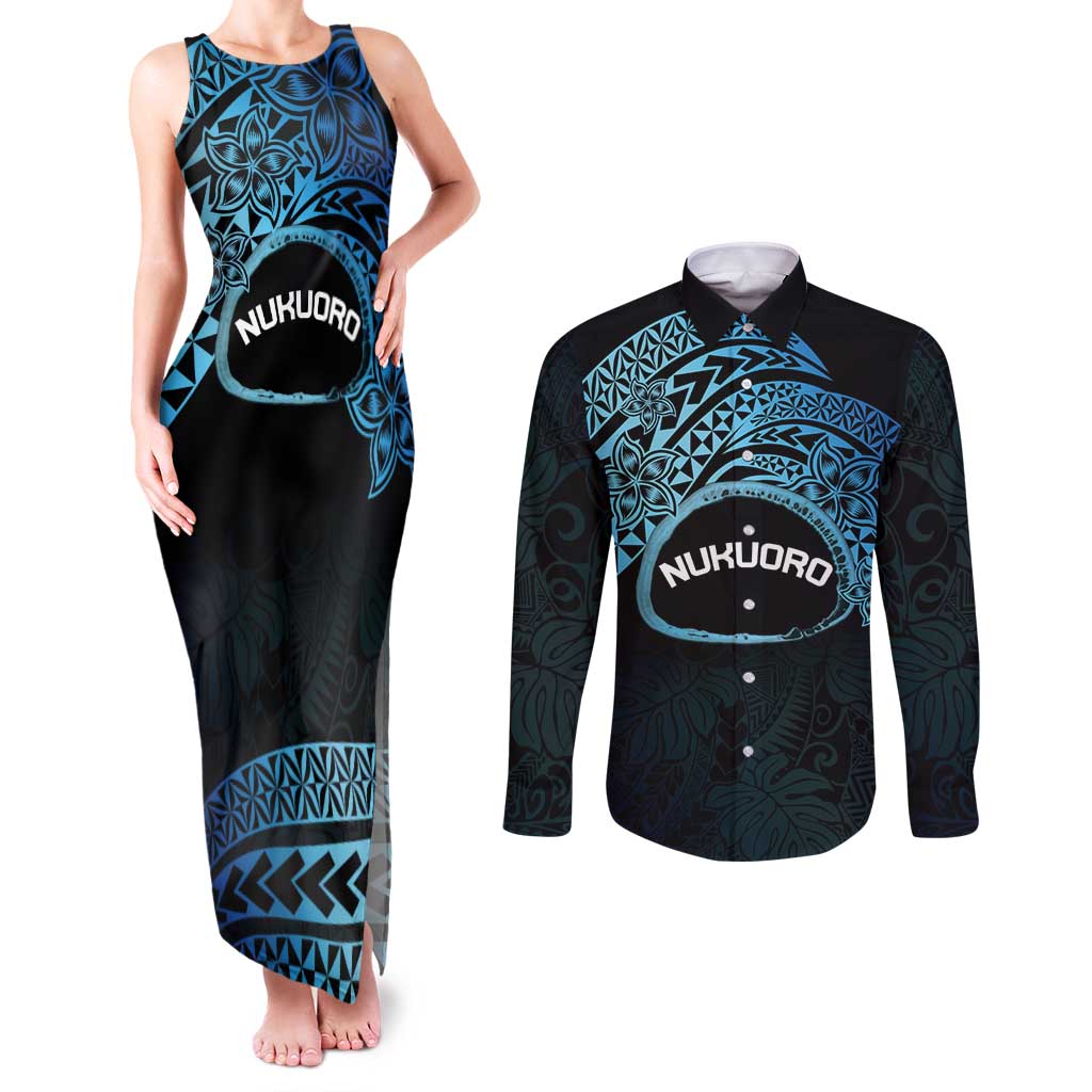 Personalised Pohnpei Nukuoro Micronesia Couples Matching Tank Maxi Dress and Long Sleeve Button Shirt Polynesian Tattoo Curves Blue Version LT14 Blue - Polynesian Pride