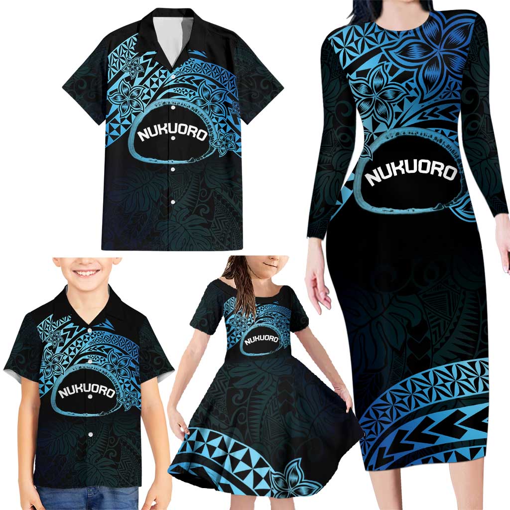 Personalised Pohnpei Nukuoro Micronesia Family Matching Long Sleeve Bodycon Dress and Hawaiian Shirt Polynesian Tattoo Curves Blue Version LT14 - Polynesian Pride