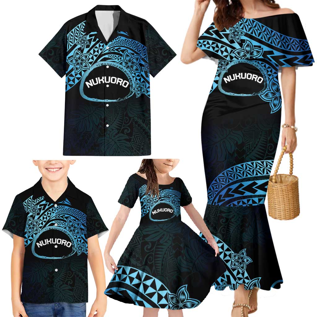 Personalised Pohnpei Nukuoro Micronesia Family Matching Mermaid Dress and Hawaiian Shirt Polynesian Tattoo Curves Blue Version LT14 - Polynesian Pride