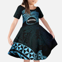 Personalised Pohnpei Nukuoro Micronesia Family Matching Off The Shoulder Long Sleeve Dress and Hawaiian Shirt Polynesian Tattoo Curves Blue Version LT14 Daughter's Dress Blue - Polynesian Pride