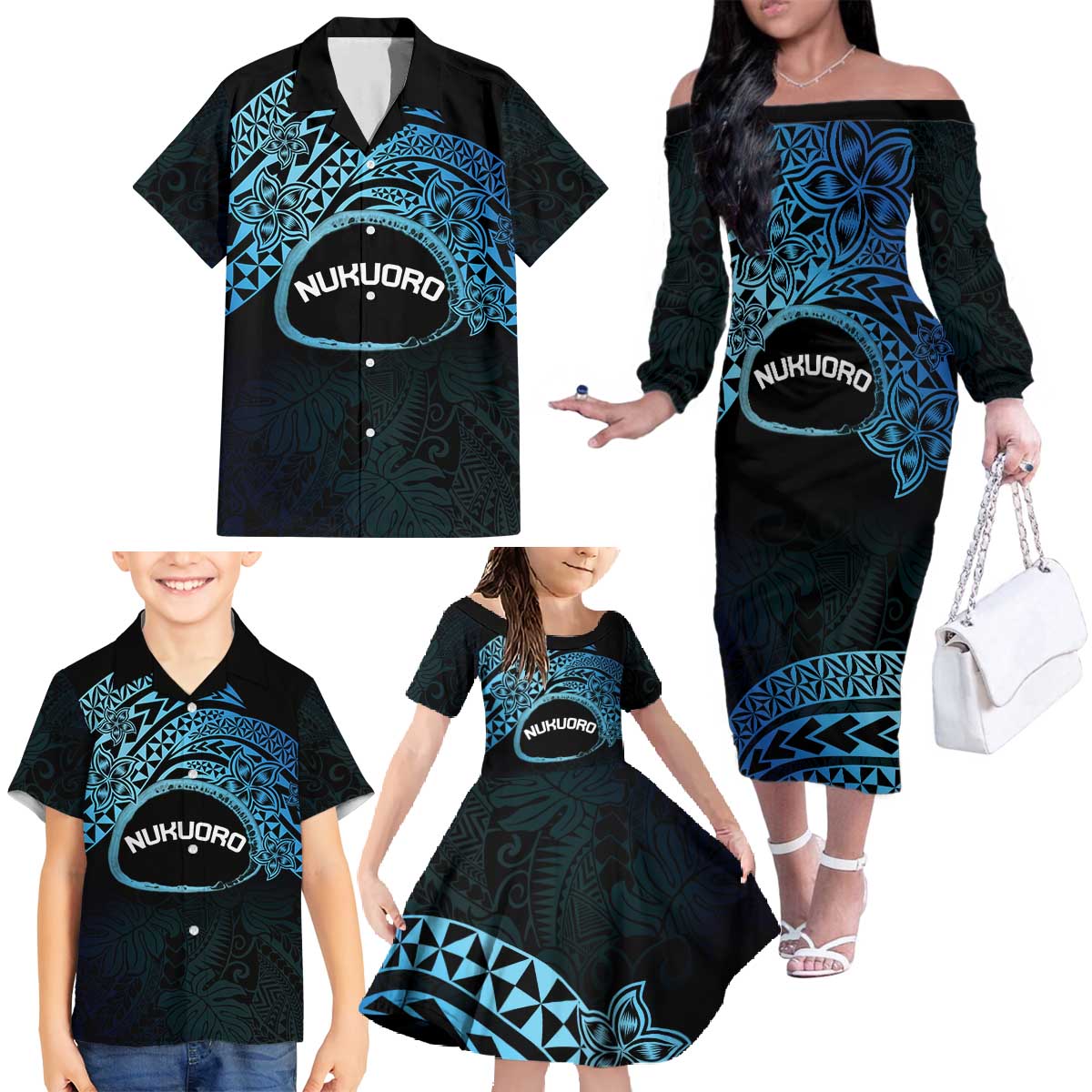 Personalised Pohnpei Nukuoro Micronesia Family Matching Off The Shoulder Long Sleeve Dress and Hawaiian Shirt Polynesian Tattoo Curves Blue Version LT14 - Polynesian Pride