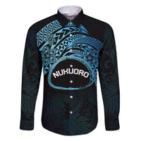 Personalised Pohnpei Nukuoro Micronesia Family Matching Off The Shoulder Long Sleeve Dress and Hawaiian Shirt Polynesian Tattoo Curves Blue Version LT14 Dad's Shirt - Long Sleeve Blue - Polynesian Pride