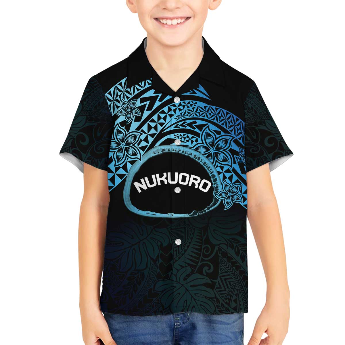 Personalised Pohnpei Nukuoro Micronesia Family Matching Off The Shoulder Long Sleeve Dress and Hawaiian Shirt Polynesian Tattoo Curves Blue Version LT14 Son's Shirt Blue - Polynesian Pride
