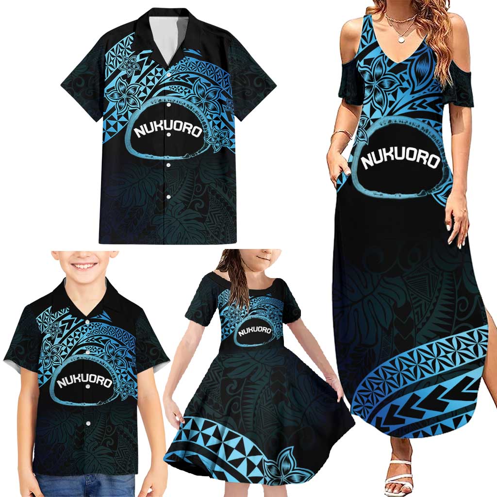 Personalised Pohnpei Nukuoro Micronesia Family Matching Summer Maxi Dress and Hawaiian Shirt Polynesian Tattoo Curves Blue Version LT14 - Polynesian Pride