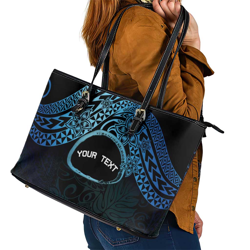 Personalised Pohnpei Nukuoro Micronesia Leather Tote Bag Polynesian Tattoo Curves Blue Version