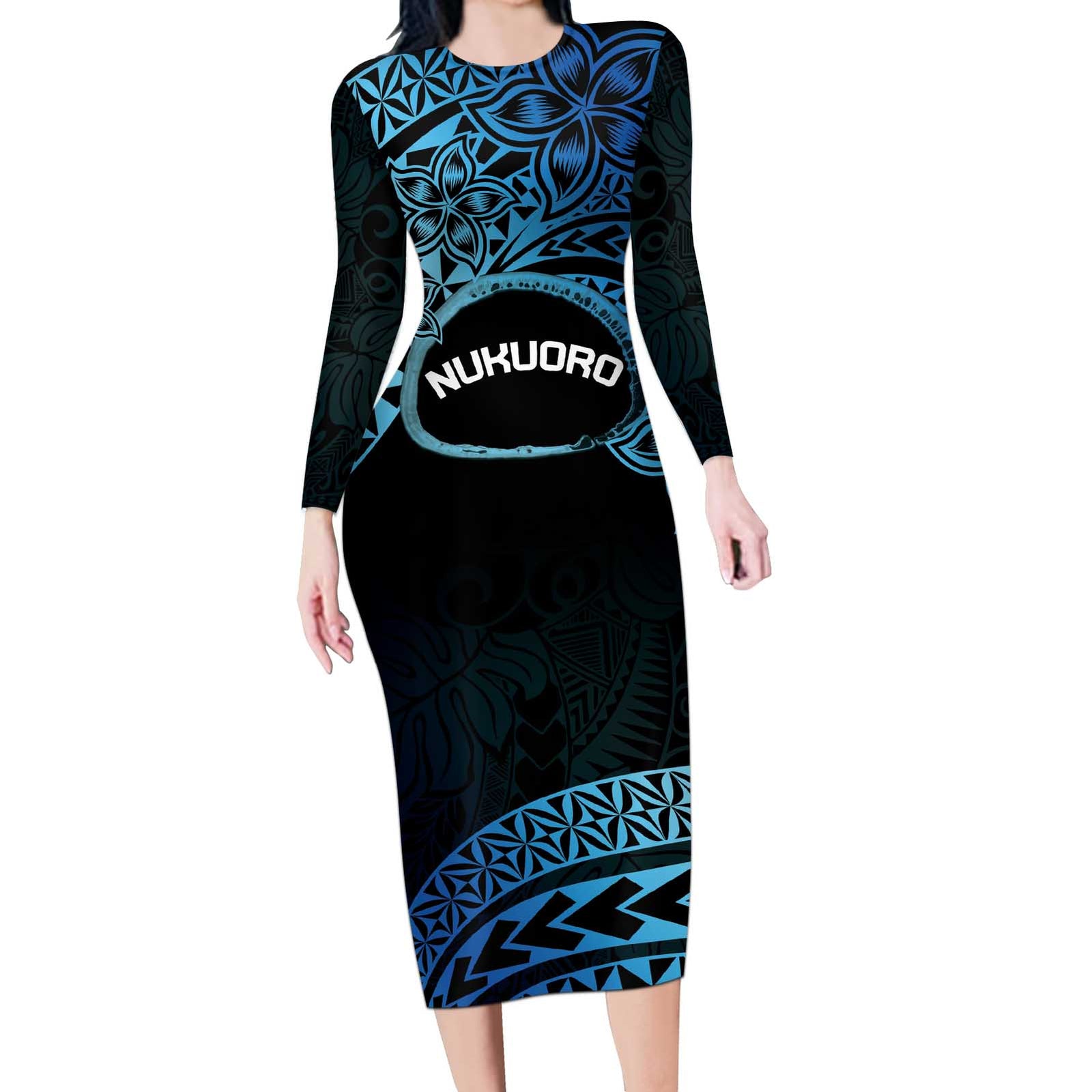 Personalised Pohnpei Nukuoro Micronesia Long Sleeve Bodycon Dress Polynesian Tattoo Curves Blue Version LT14 Long Dress Blue - Polynesian Pride