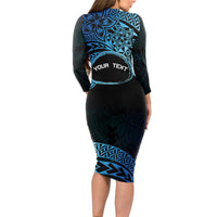 Personalised Pohnpei Nukuoro Micronesia Long Sleeve Bodycon Dress Polynesian Tattoo Curves Blue Version