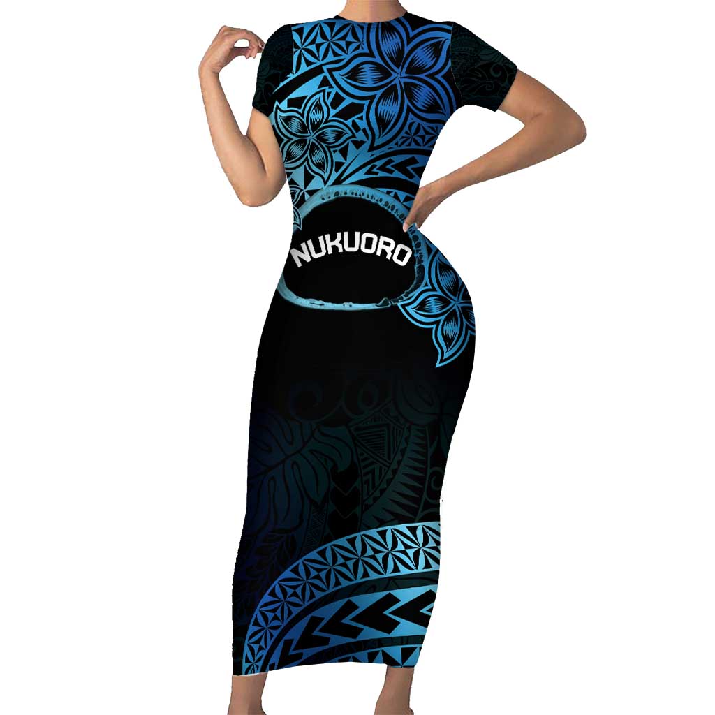 Personalised Pohnpei Nukuoro Micronesia Short Sleeve Bodycon Dress Polynesian Tattoo Curves Blue Version LT14 Long Dress Blue - Polynesian Pride