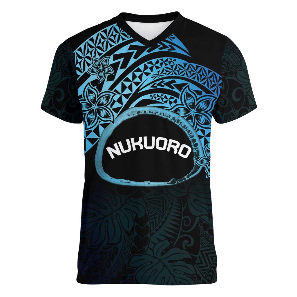 Personalised Pohnpei Nukuoro Micronesia Women V-Neck T-Shirt Polynesian Tattoo Curves Blue Version LT14 Female Blue - Polynesian Pride