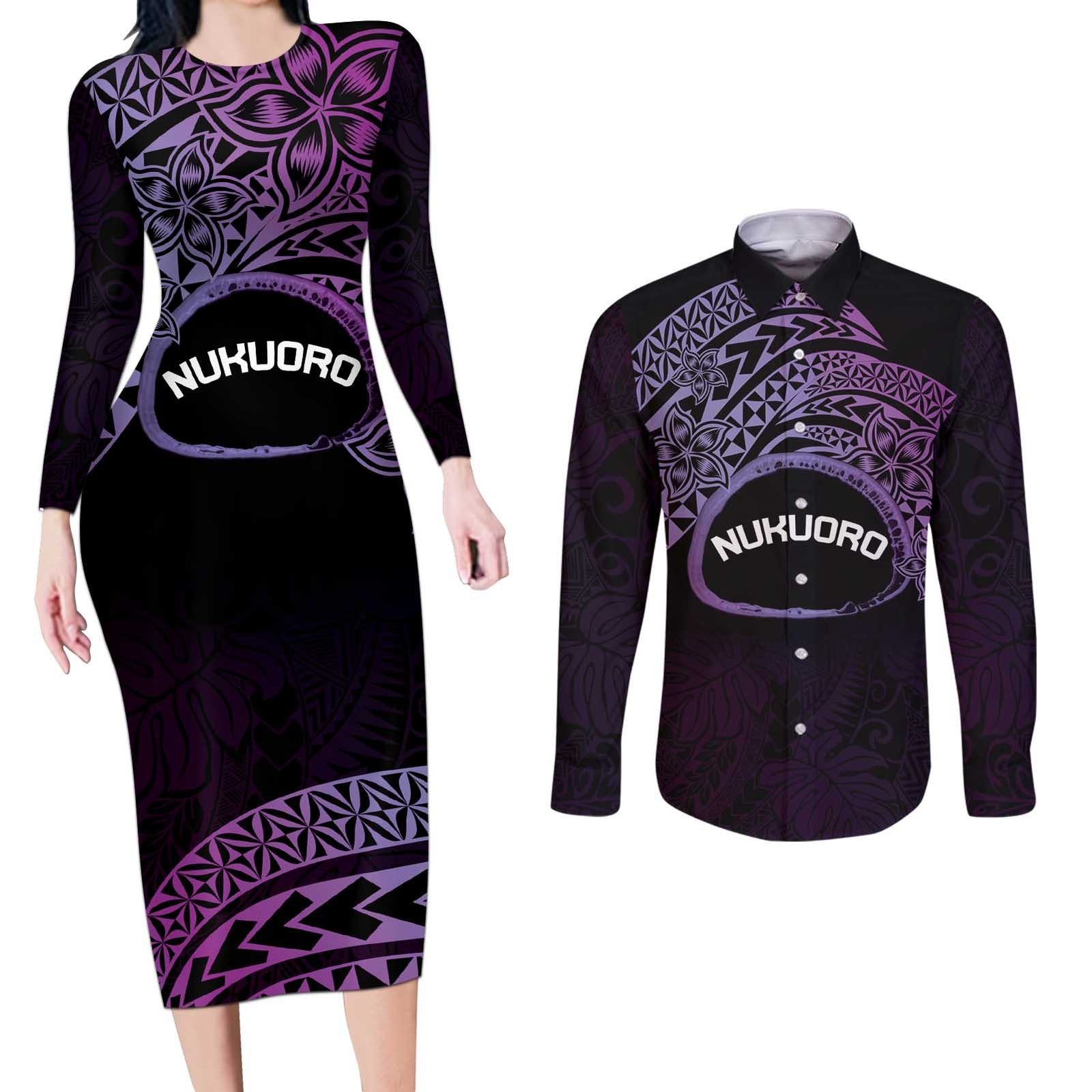 Personalised Pohnpei Nukuoro Micronesia Couples Matching Long Sleeve Bodycon Dress and Long Sleeve Button Shirt Polynesian Tattoo Curves Purple Version LT14 Purple - Polynesian Pride