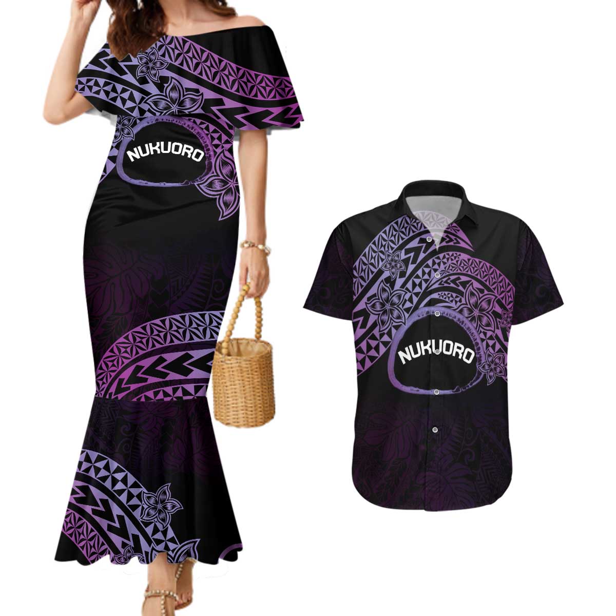Personalised Pohnpei Nukuoro Micronesia Couples Matching Mermaid Dress and Hawaiian Shirt Polynesian Tattoo Curves Purple Version LT14 Purple - Polynesian Pride