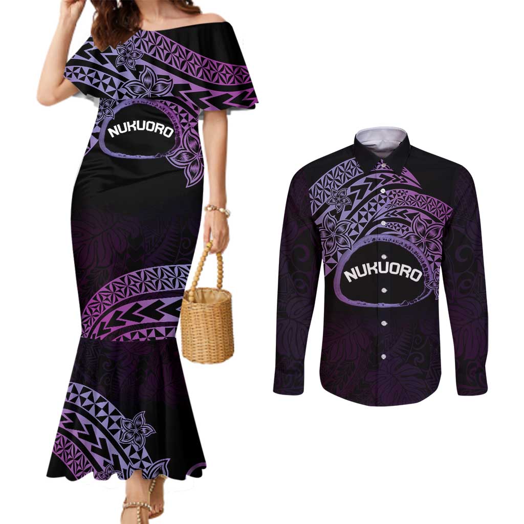 Personalised Pohnpei Nukuoro Micronesia Couples Matching Mermaid Dress and Long Sleeve Button Shirt Polynesian Tattoo Curves Purple Version LT14 Purple - Polynesian Pride